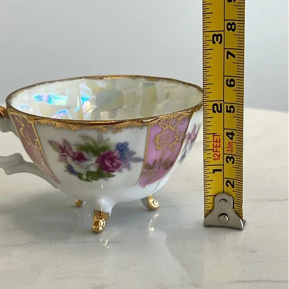 Vtg Pink Lusterware Footed Teacup Saucer Floral Gold Rim Tea Cup Iridescent - Picture 12 of 13